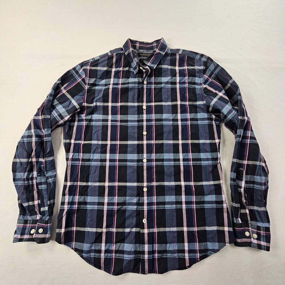 Banana Republic Custom 078 Wash Blue Plaid Grant Fit Button-Up Shirt Men's M